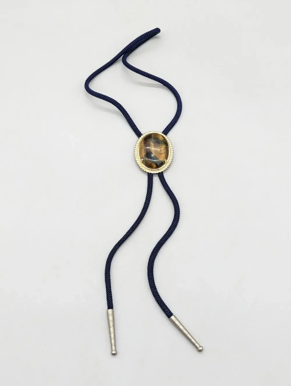 Vintage Bolo Tie With Oval Agate Stone on Metal Western Navy Braided Cord